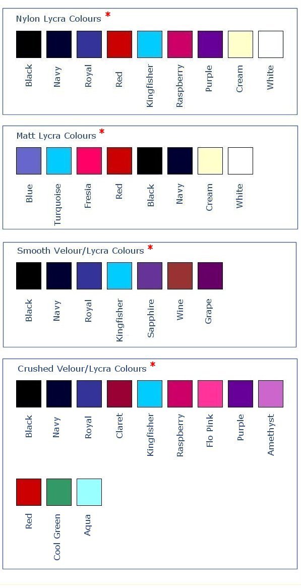 Zone Gymnastics Leotards Colour Charts